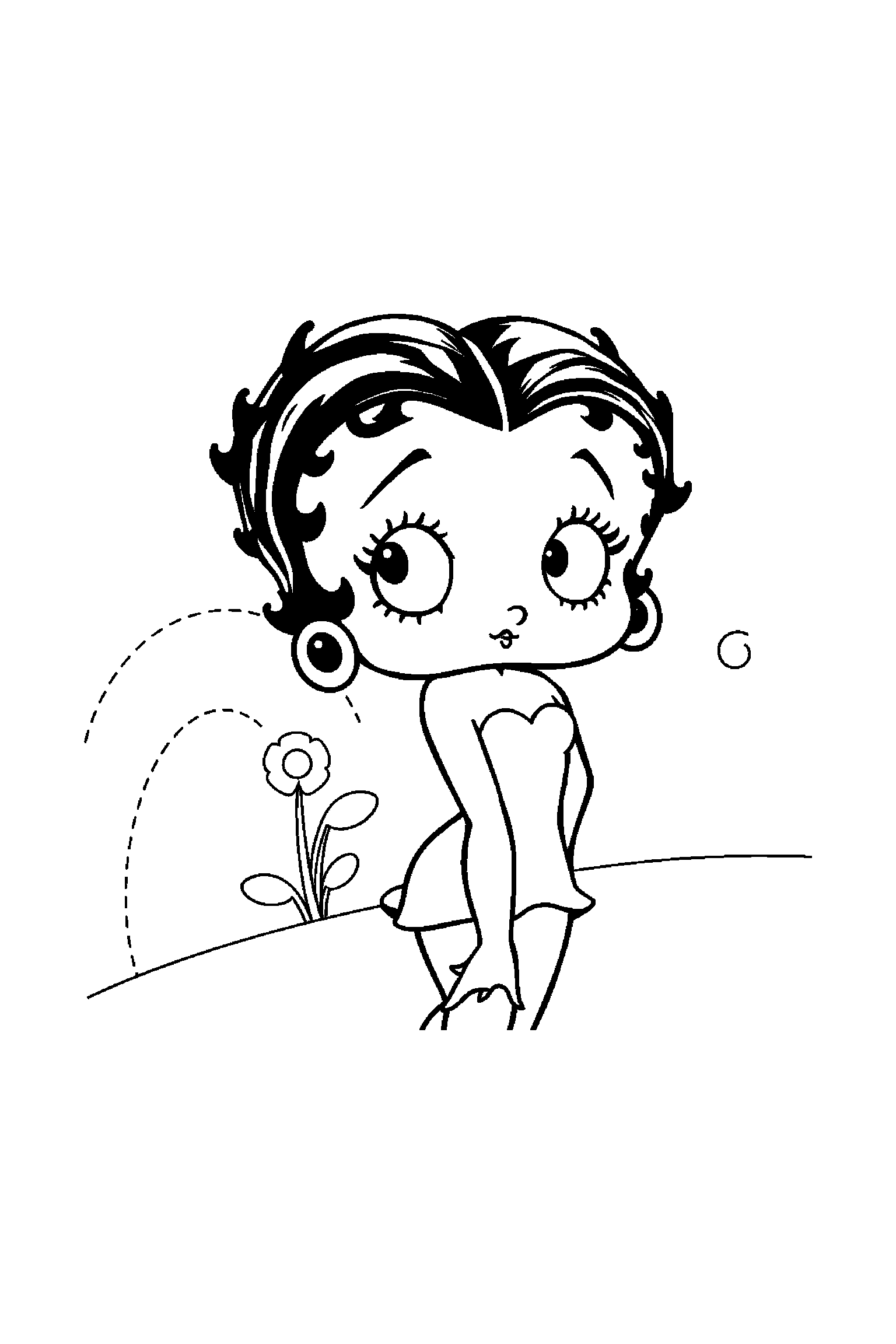 Coloriage Betty Boop gratuit à imprimer : Betty avec un chien avec étoiles autour de lui