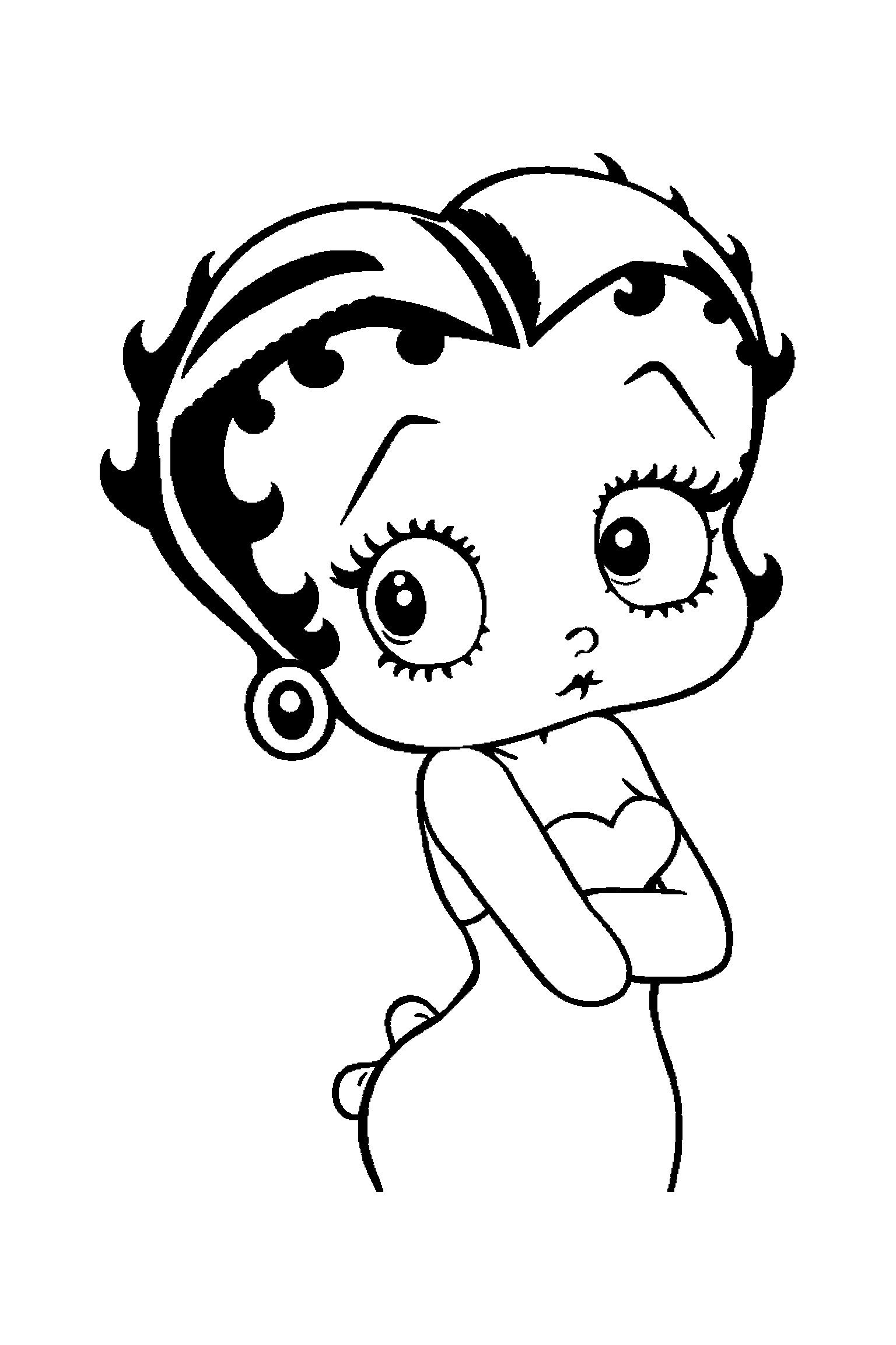 Coloriage Betty Boop gratuit à imprimer : une danseuse rétro qui montre un miroir avec un bras bien attaché au corps