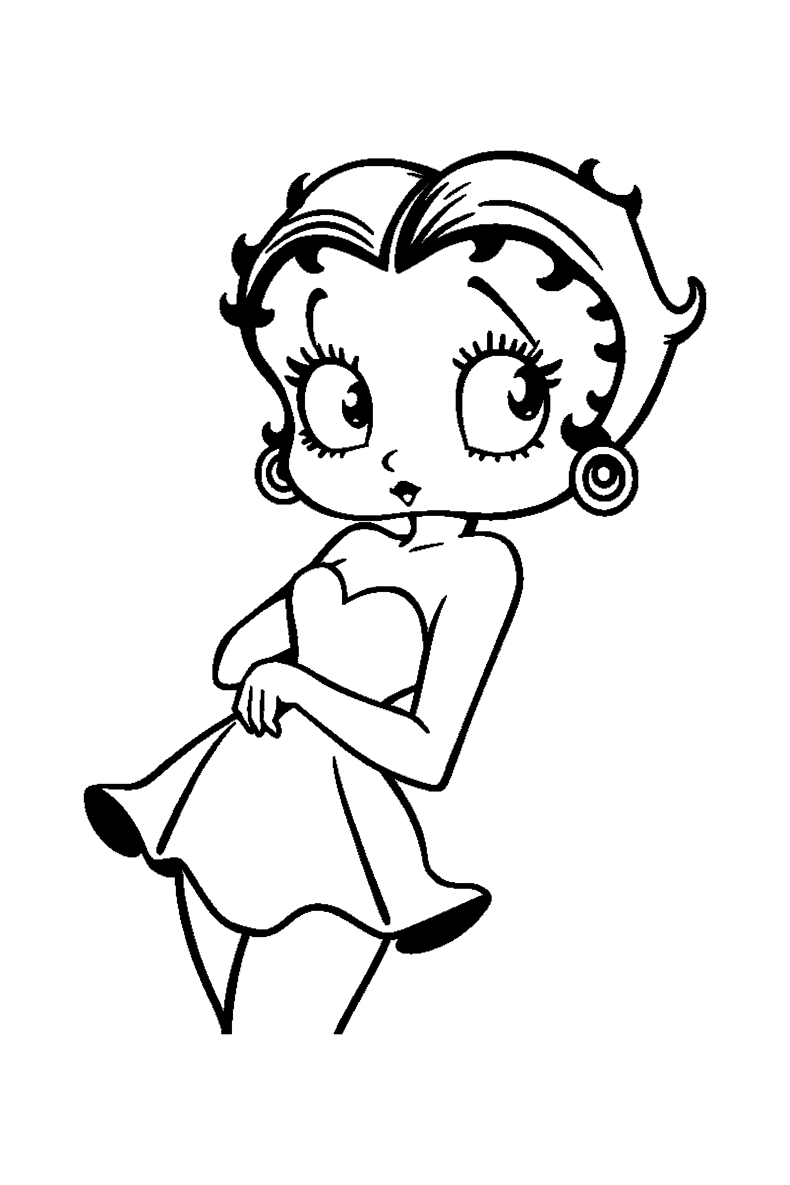 Coloriage Betty Boop gratuit à imprimer : Betty avec un chien au centre avec étoiles en arrière-plan