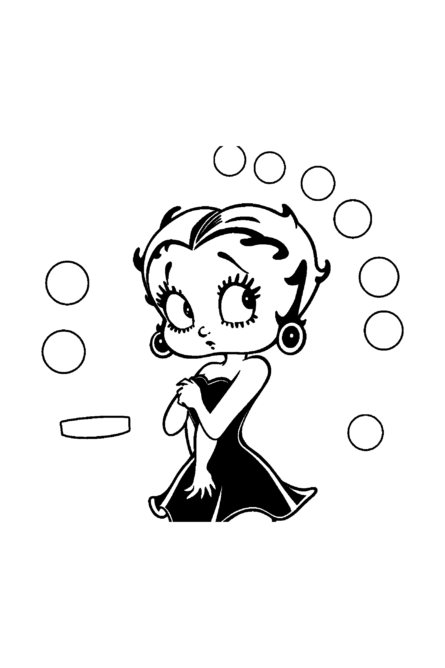 Coloriage Betty Boop gratuit à imprimer : Betty Boop devant un fond décoré avec cœurs