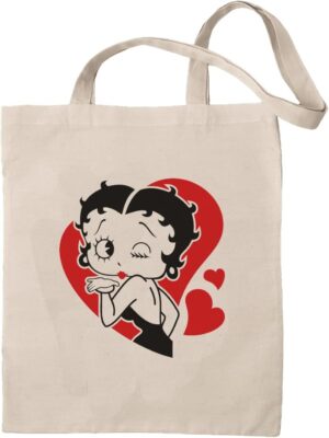 Sac fourre-tout Betty Boop beige en 100 % coton écologique, motif cœur, 37cm x 41cm