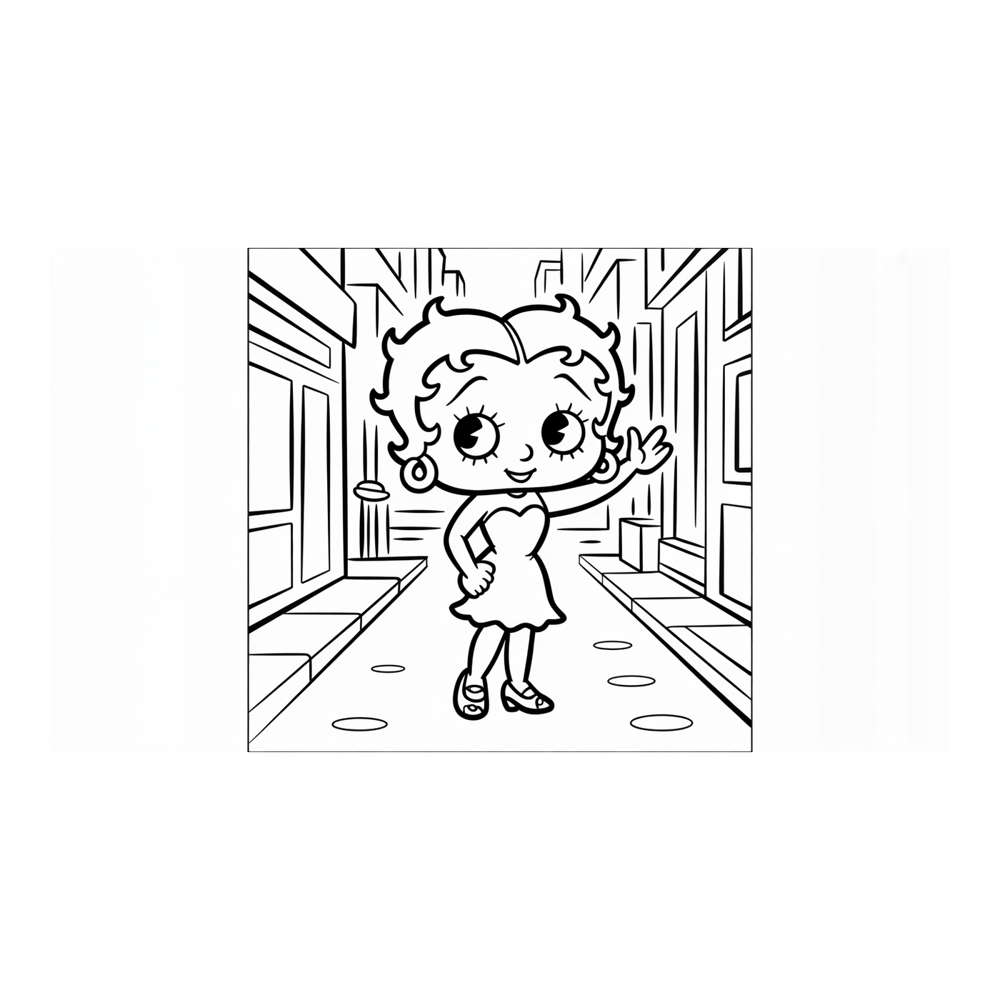 Coloriage Betty Boop gratuit à imprimer : Betty Boop dans un décor rétro