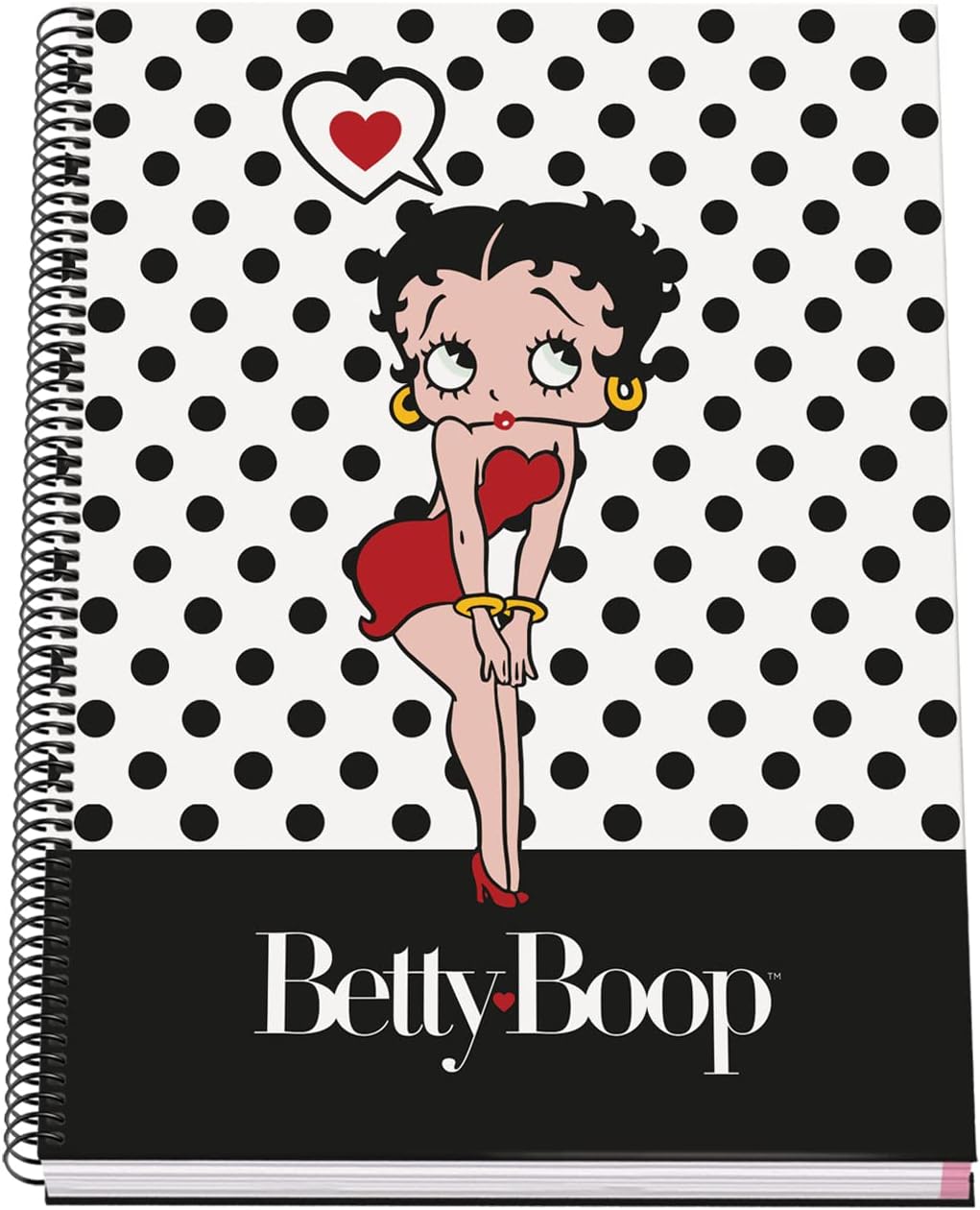 Cahier A4 Betty Boop à spirale noire, quadrillage 5 mm