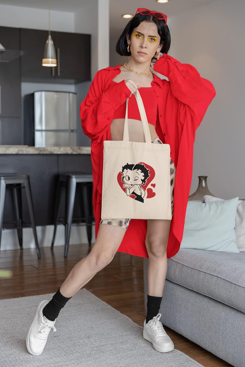 Sac fourre-tout Betty Boop beige en 100 % coton écologique, motif cœur, 37cm x 41cm – Image 3
