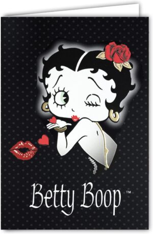 Carte Betty Boop portrait couleur brillante, cœur rose rouge et bisous