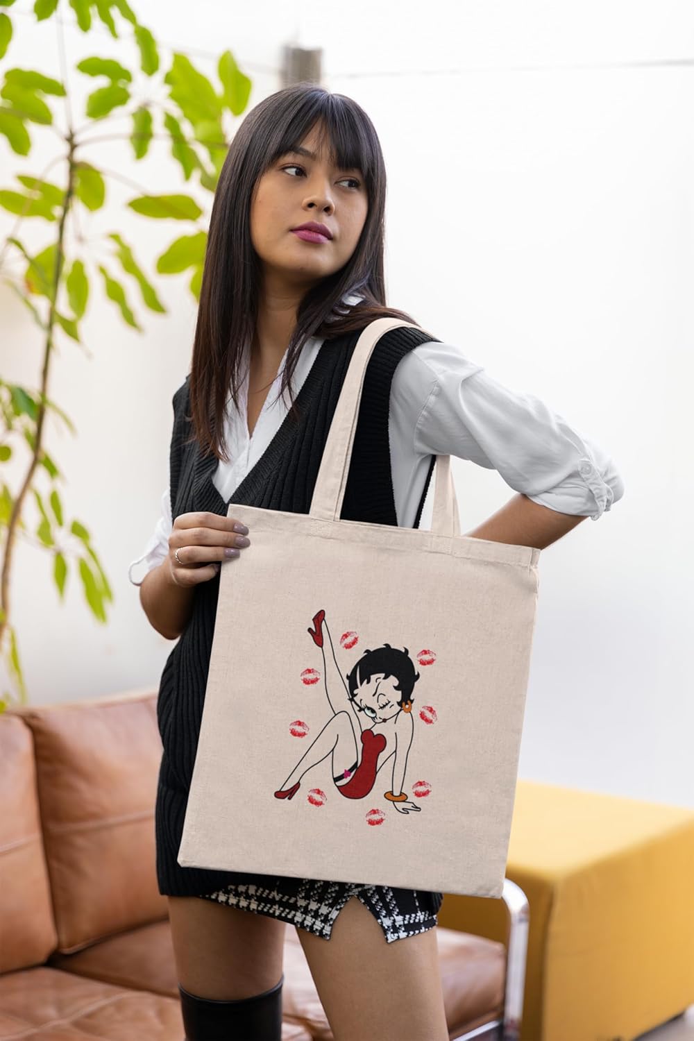 Sac fourre-tout Betty Boop beige en coton écologique 100 % naturel – Image 2