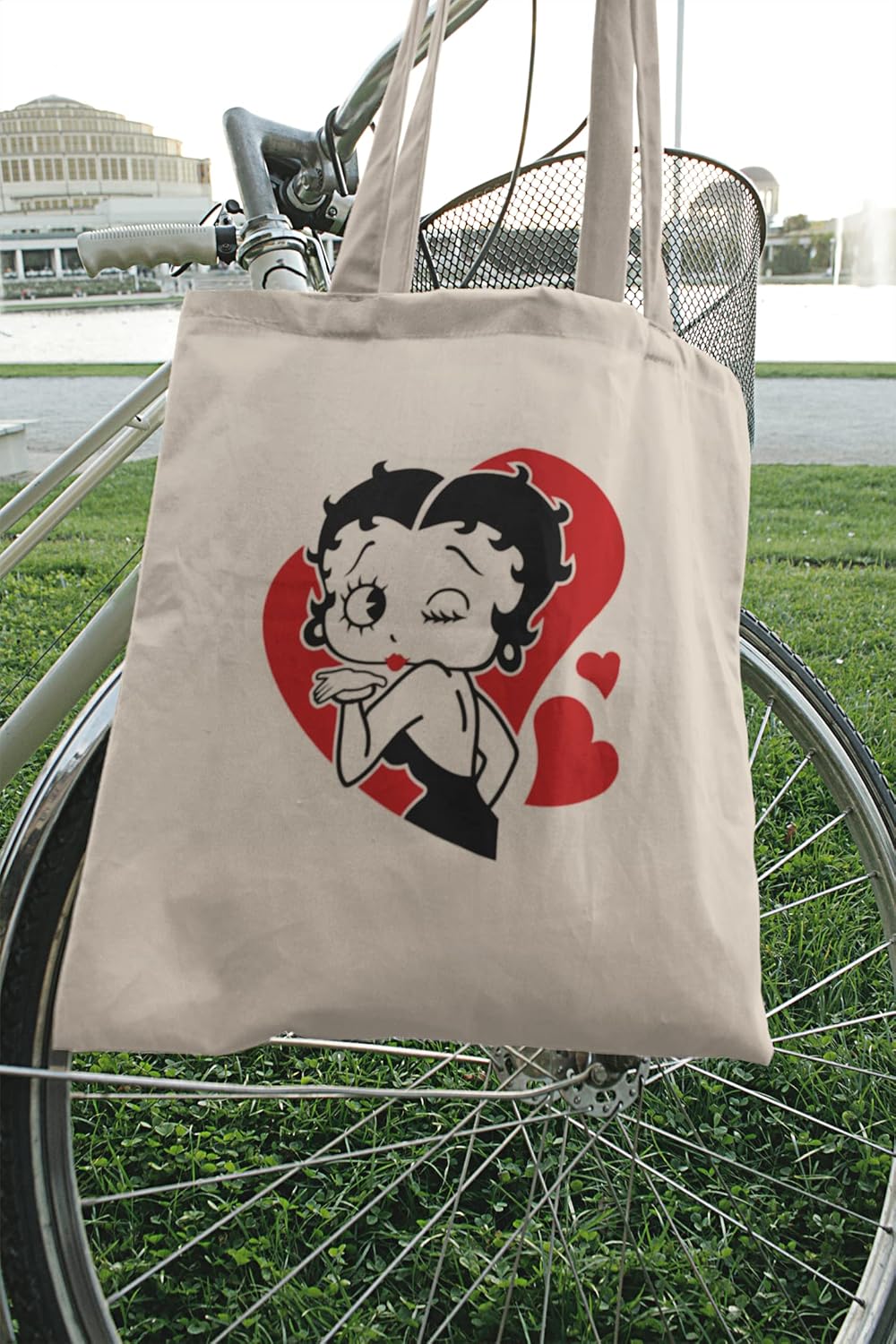 Sac fourre-tout Betty Boop beige en 100 % coton écologique, motif cœur, 37cm x 41cm – Image 2