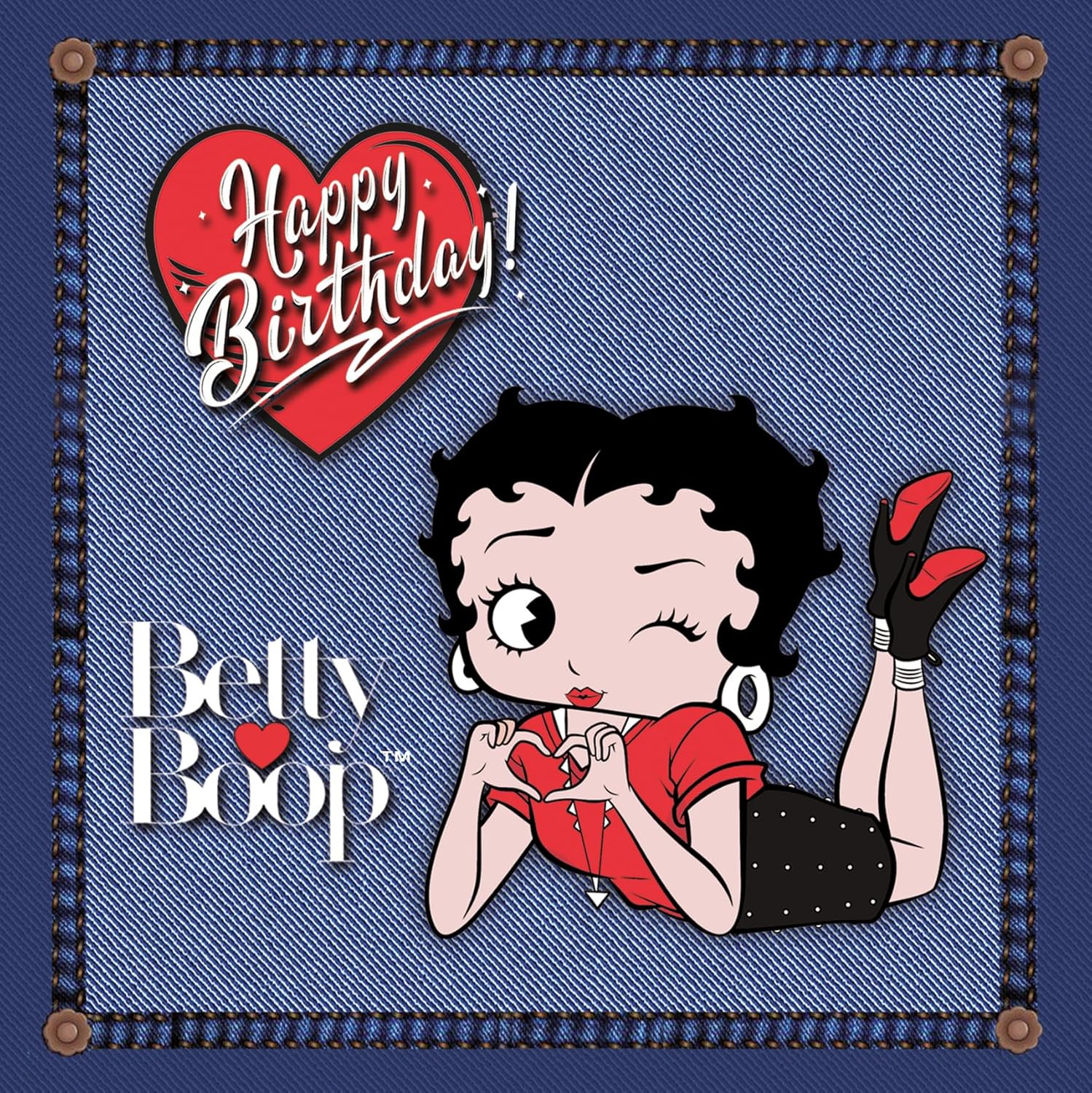 Carte Happy Birthday Betty Boop ™ jeans cœurs rouges avec enveloppe blanche 15x15 cm