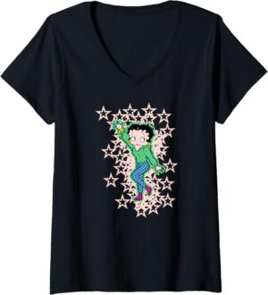 T-shirt Betty Boop à col en V motif bottes rose clair et étoiles