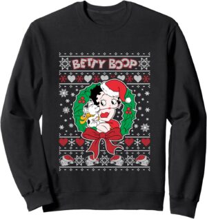 Sweatshirt Betty Boop de Noël avec Pudgy, col tissé