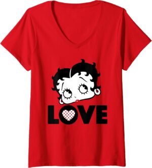 T-shirt col en V Betty Boop Femme Love Face cœur à pois