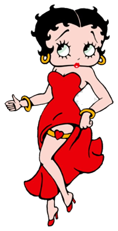 Betty Boop en robe rouge présentant le billet de faveur