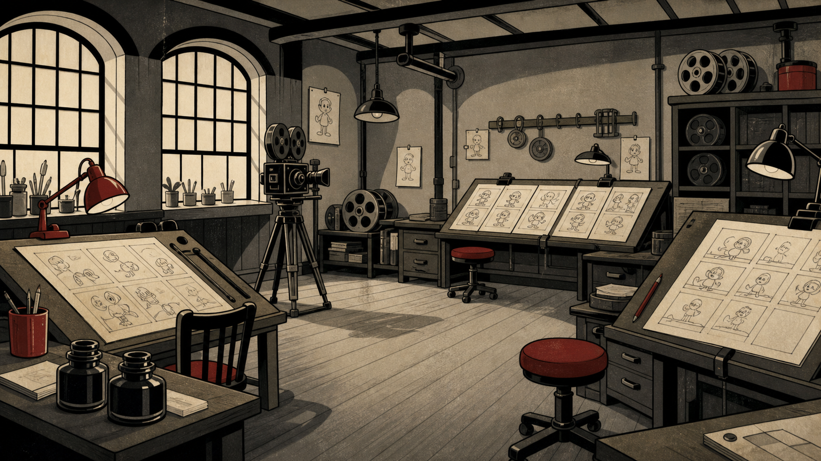 Studio d'animation des années 30 avec tables à dessin