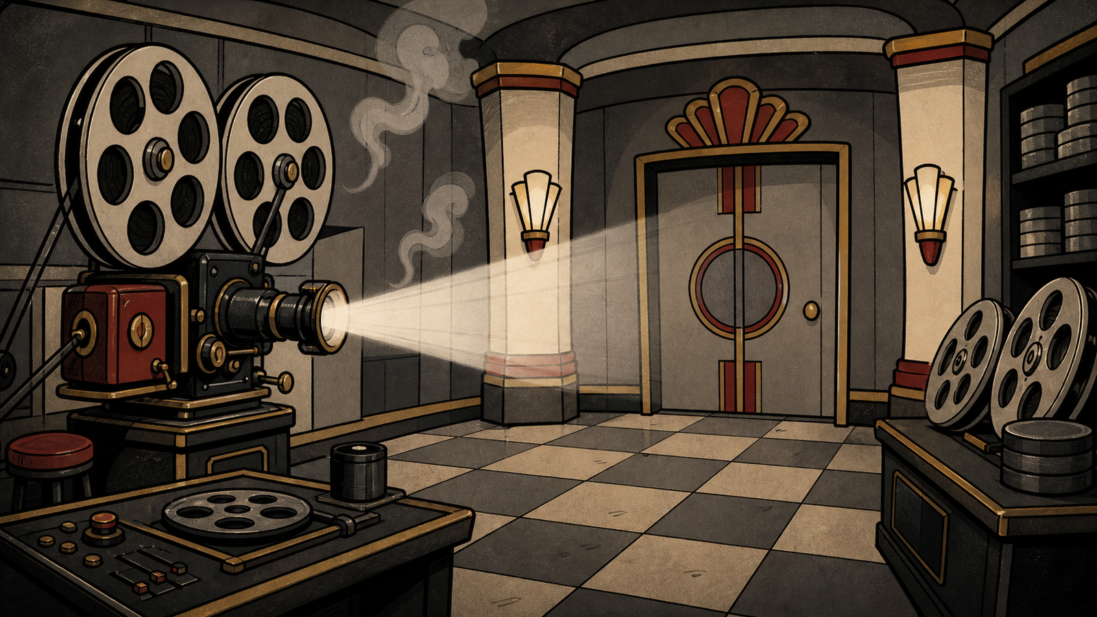 Cabine de projection rétro avec bobines de film