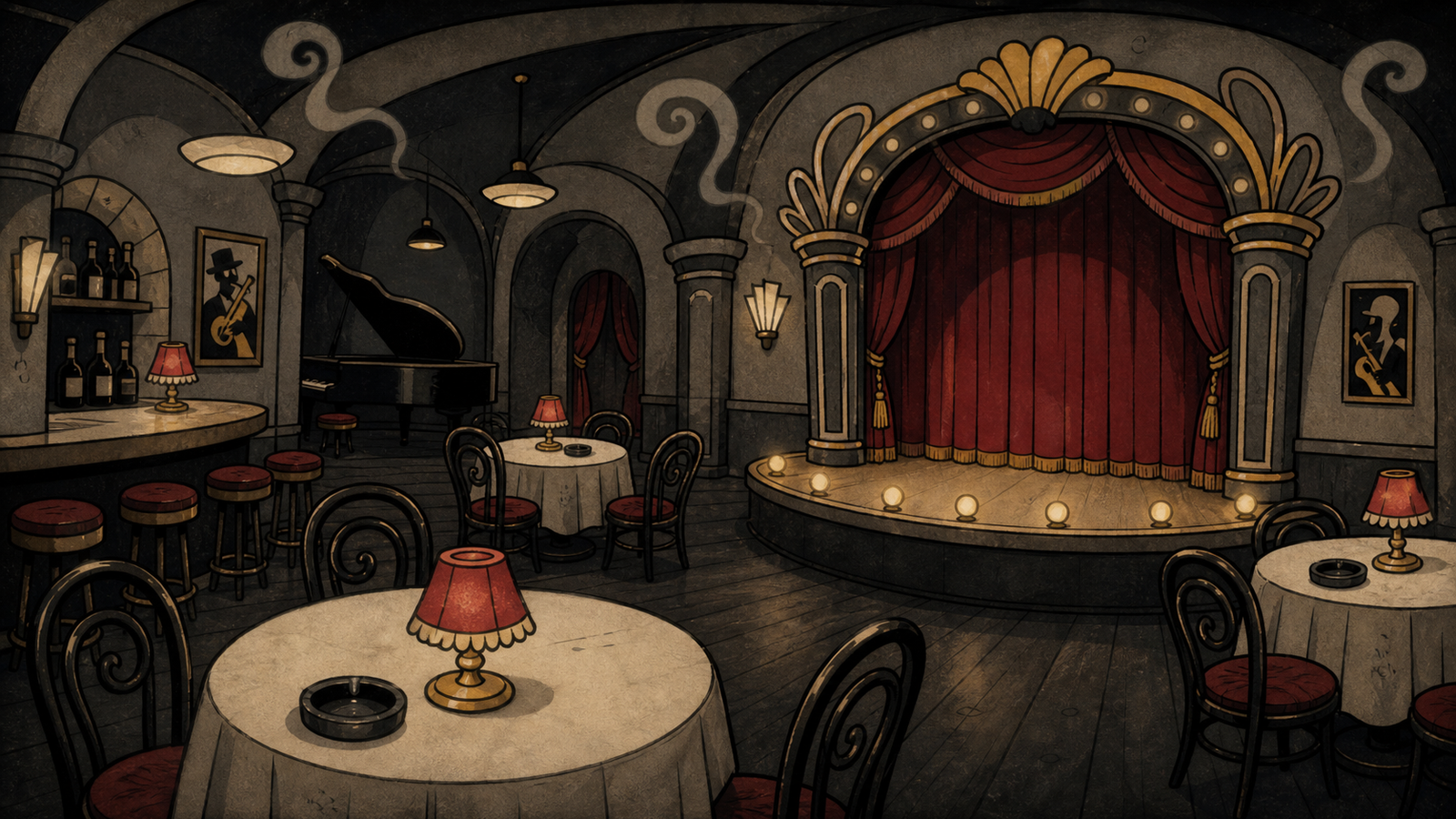 Salle de cabaret des années 30 avec petites tables et scène