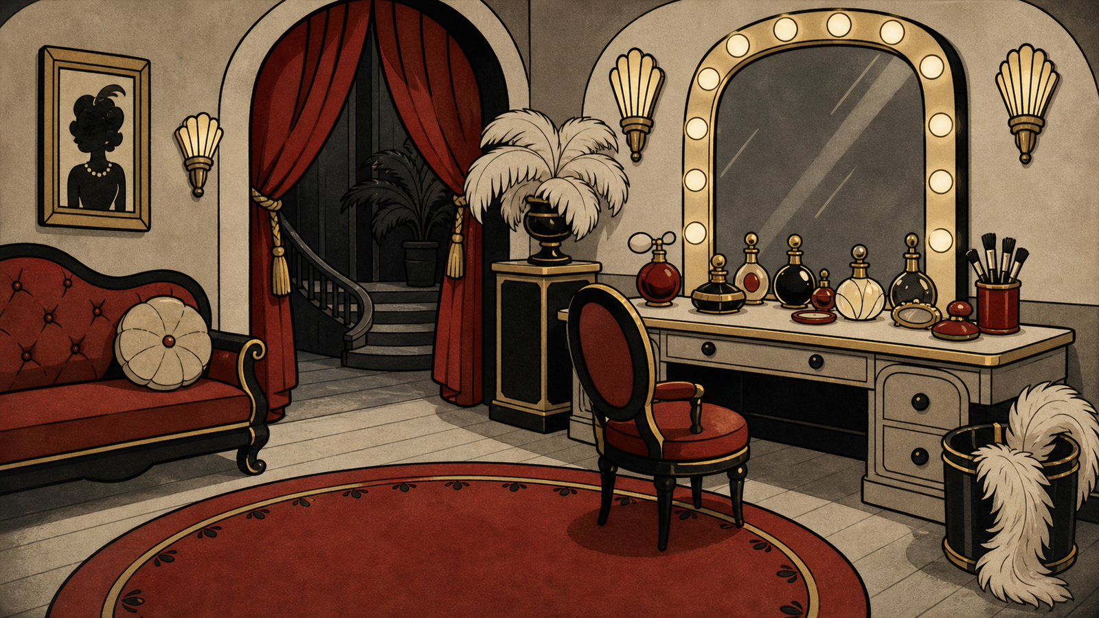 Loge rouge art déco avec coiffeuse et miroir